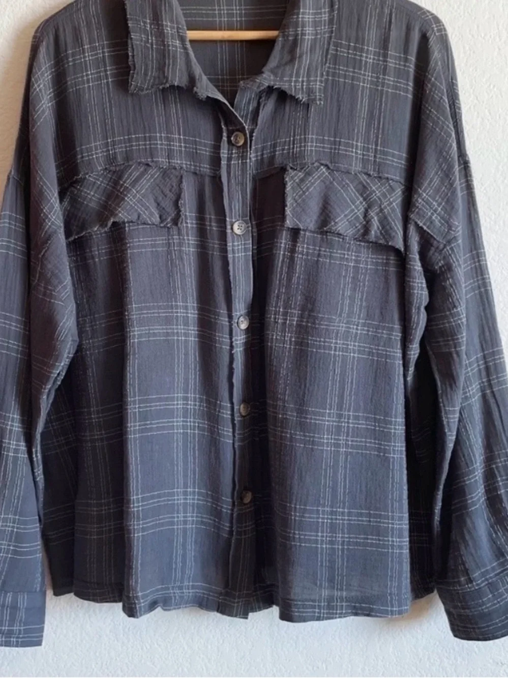 Liz Gauze Cotton Blend Supplies by Union Bay Galaxy Gray Mini White Plaid Shirt - Picture 4 of 8